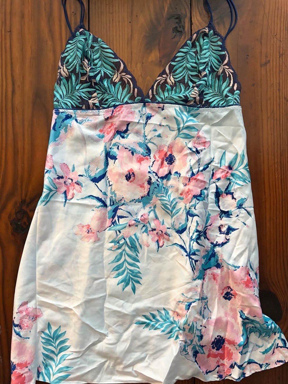 VINTAGE Floral Lace Trim Chemise Slip - Pink & Teal